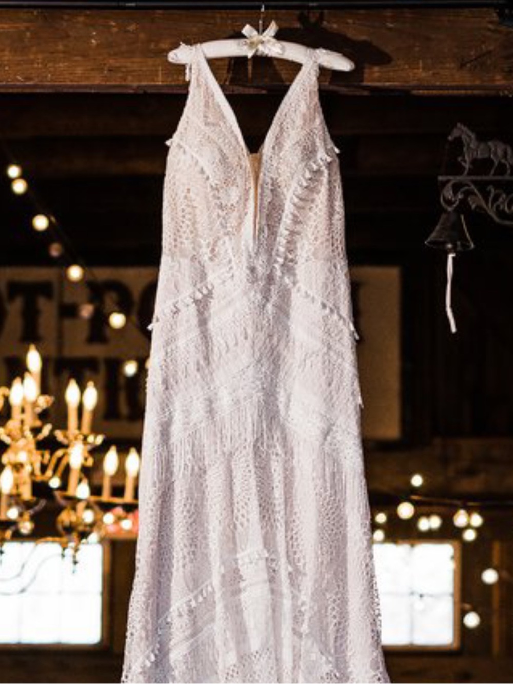 Ivory Crochet V-Neck Wedding Dress with Fringe Detail